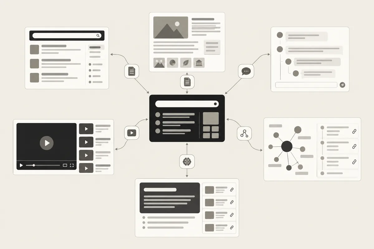 A wordless diagram showing one content hub adapting to six AI search retrieval environments.