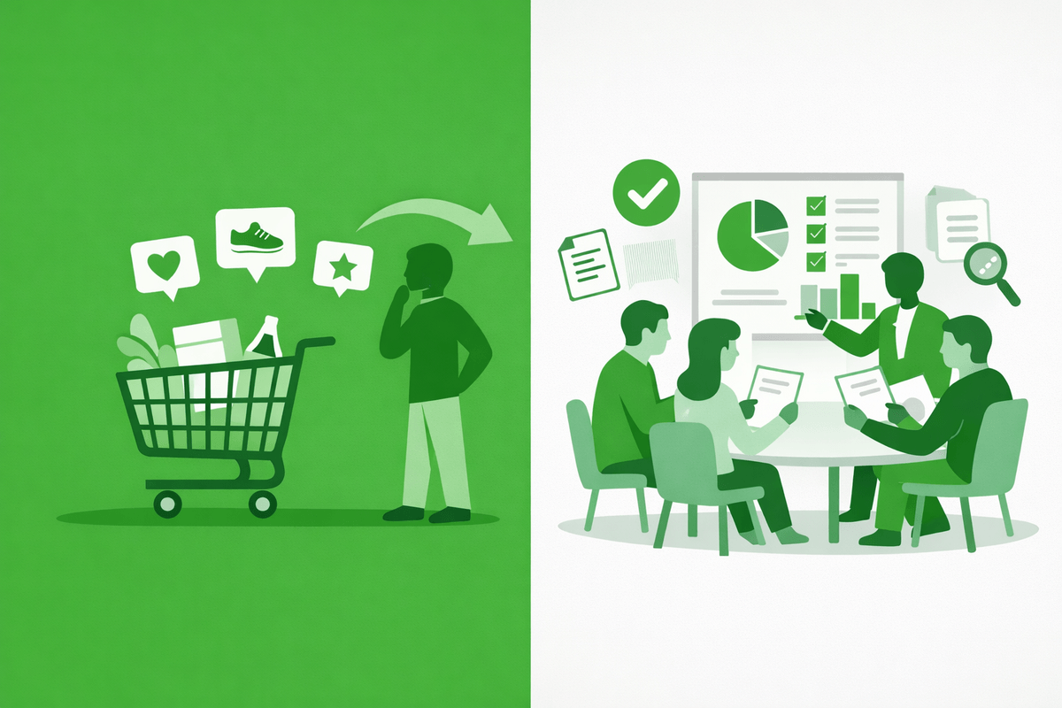 Illustration contrasting consumer shopping cart with enterprise buying committee reviewing evidence for GEO for B2B enterpris