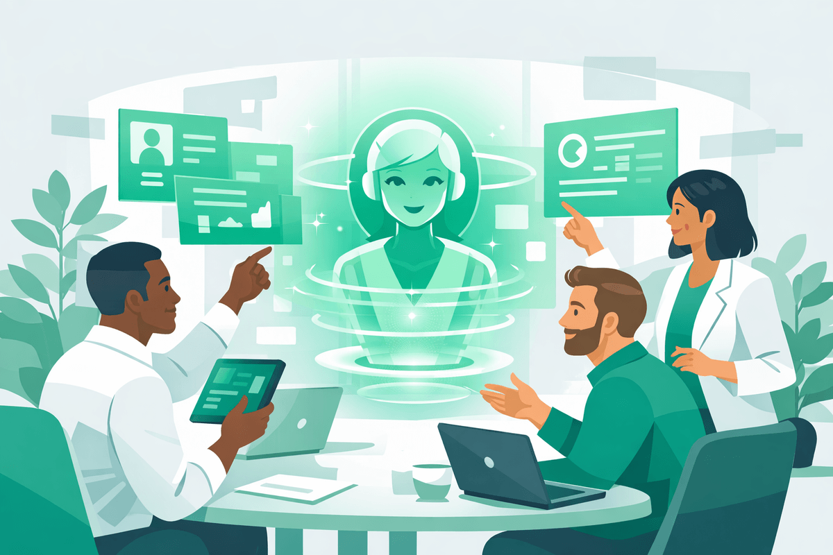 Illustration of a buying committee collaborating with an AI assistant during vendor research for GEO for B2B enterprise compa