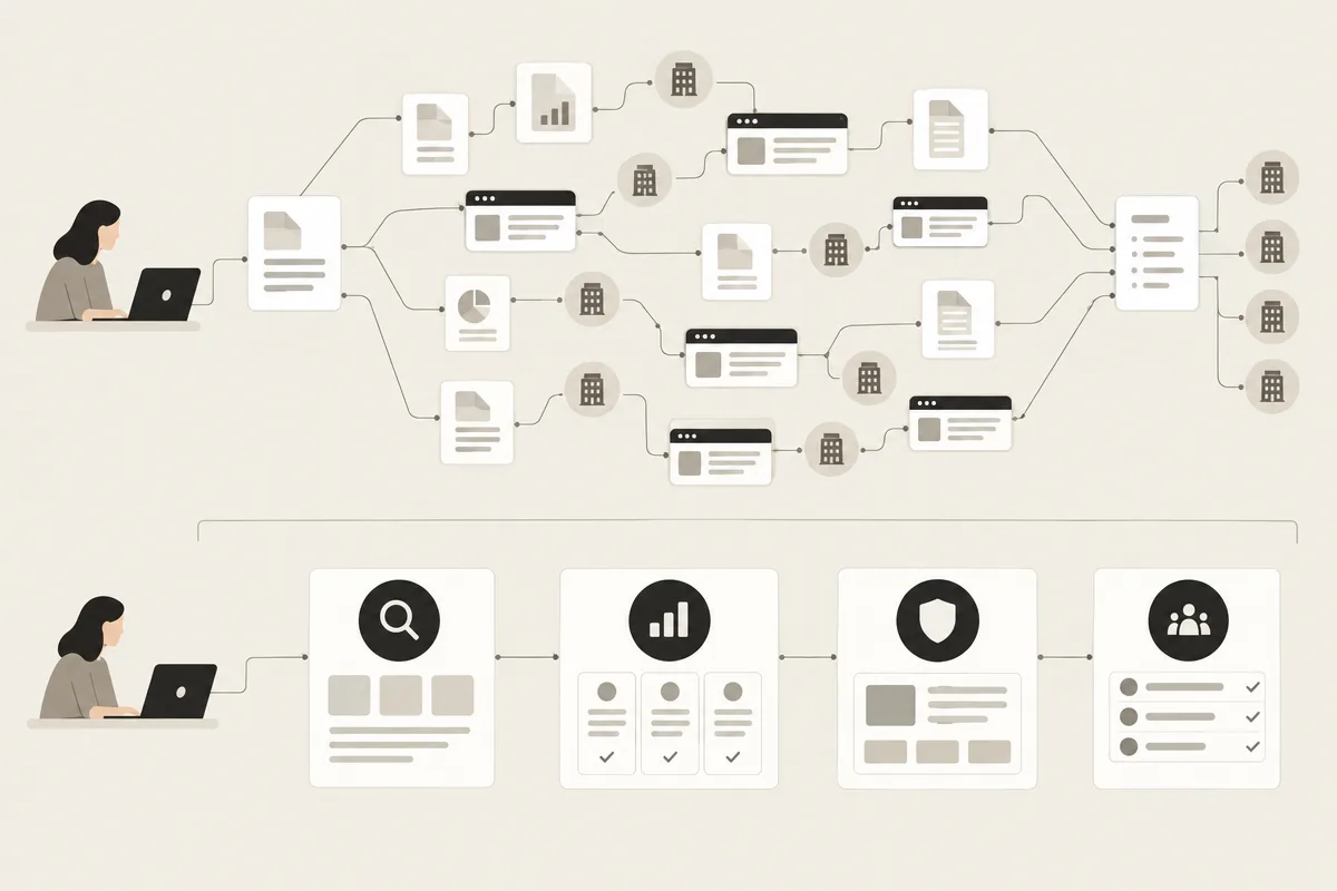 Confronto visivo tra il lungo percorso B2B e il buying journey compresso dall’AI