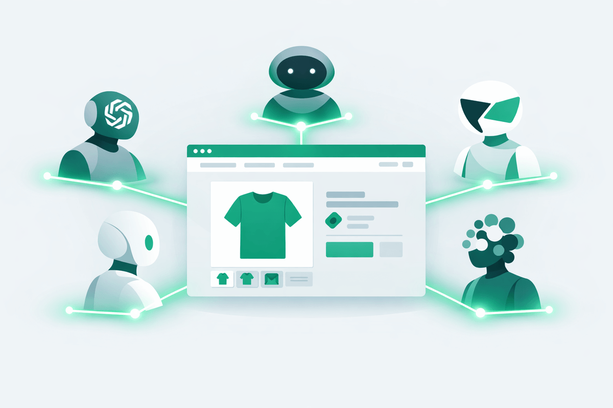 Pagina prodotto e-commerce collegata a diversi assistenti AI per le raccomandazioni GEO per e-commerce