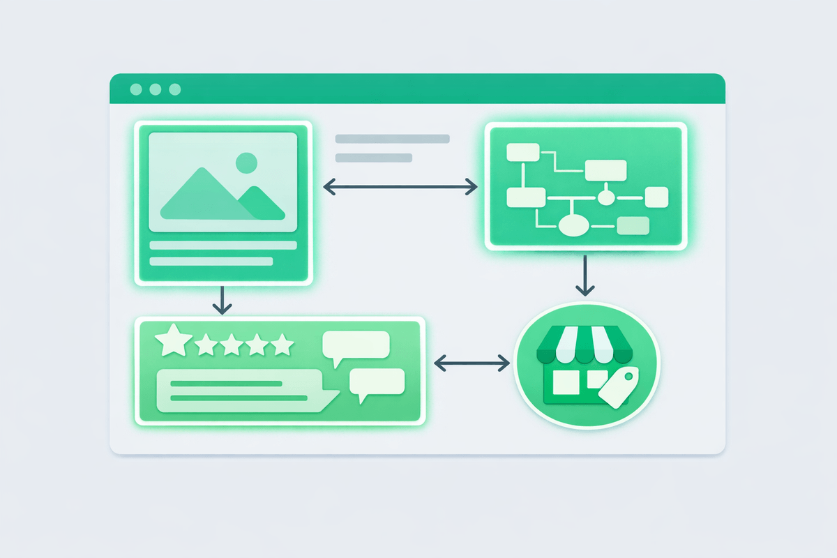 Diagramma di una pagina prodotto con specifiche, markup schema, recensioni e feed merchant per la GEO per e-commerce