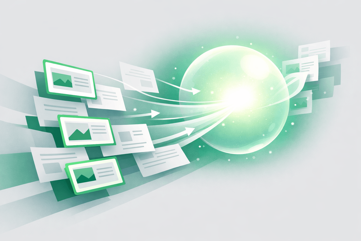 Abstract illustration of web pages converging into a single AI answer bubble highlighting selected GEO citations for SEO vs G