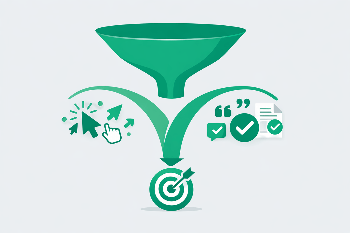 Funnel splitting into clicks and citations paths converging to conversions illustrating GEO vs SEO user behavior