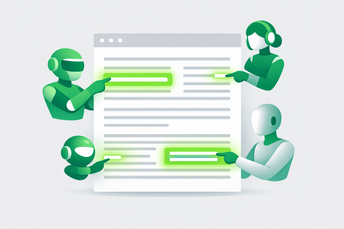 Multiple AI assistants highlighting key passages in an article illustrating GEO content extraction for GEO vs SEO