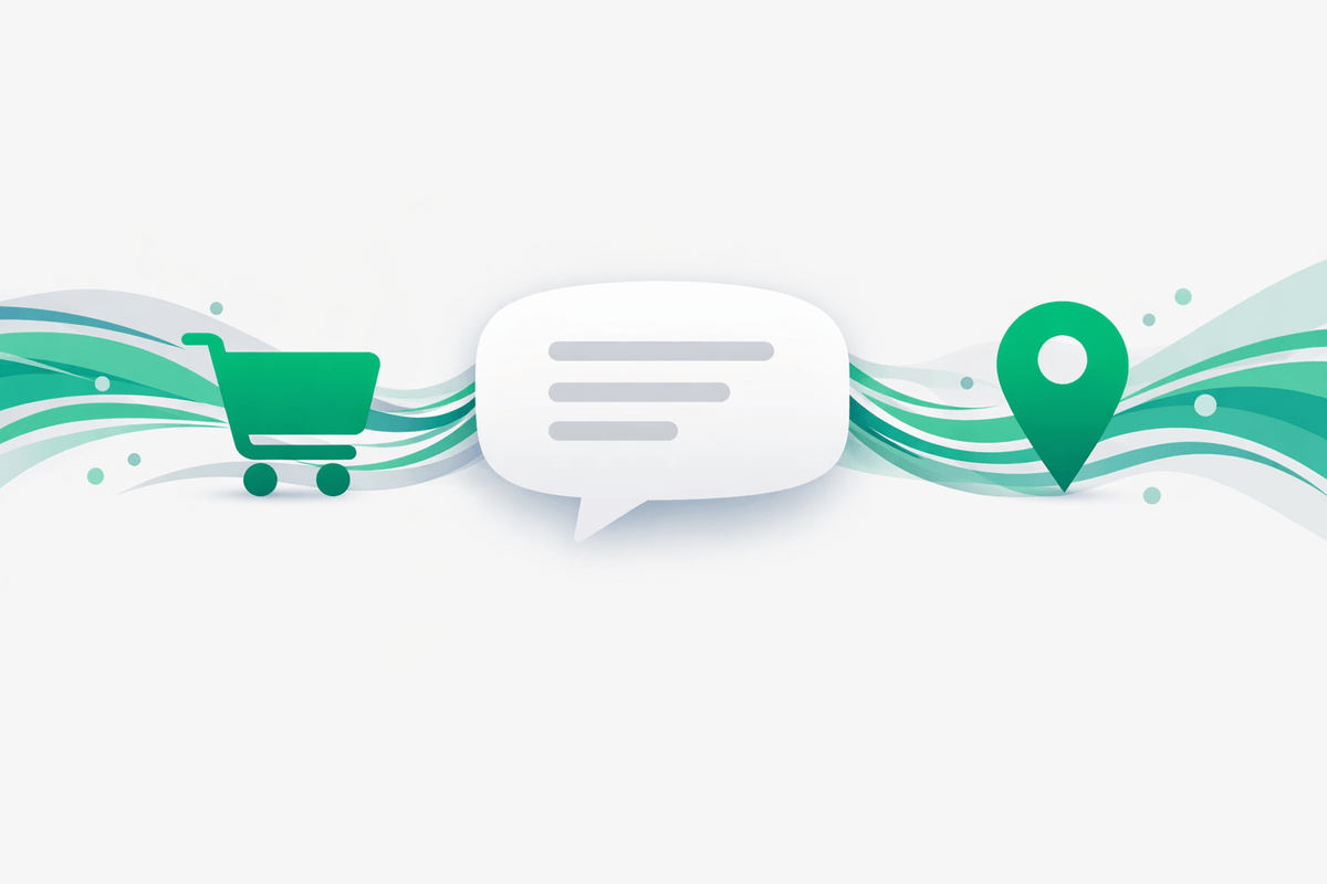 Icone del carrello della spesa e del pin sulla mappa inserite in una risposta chat che rappresentano e-commerce e scoperta locale nell'ottimizzazione di Google AI Mode