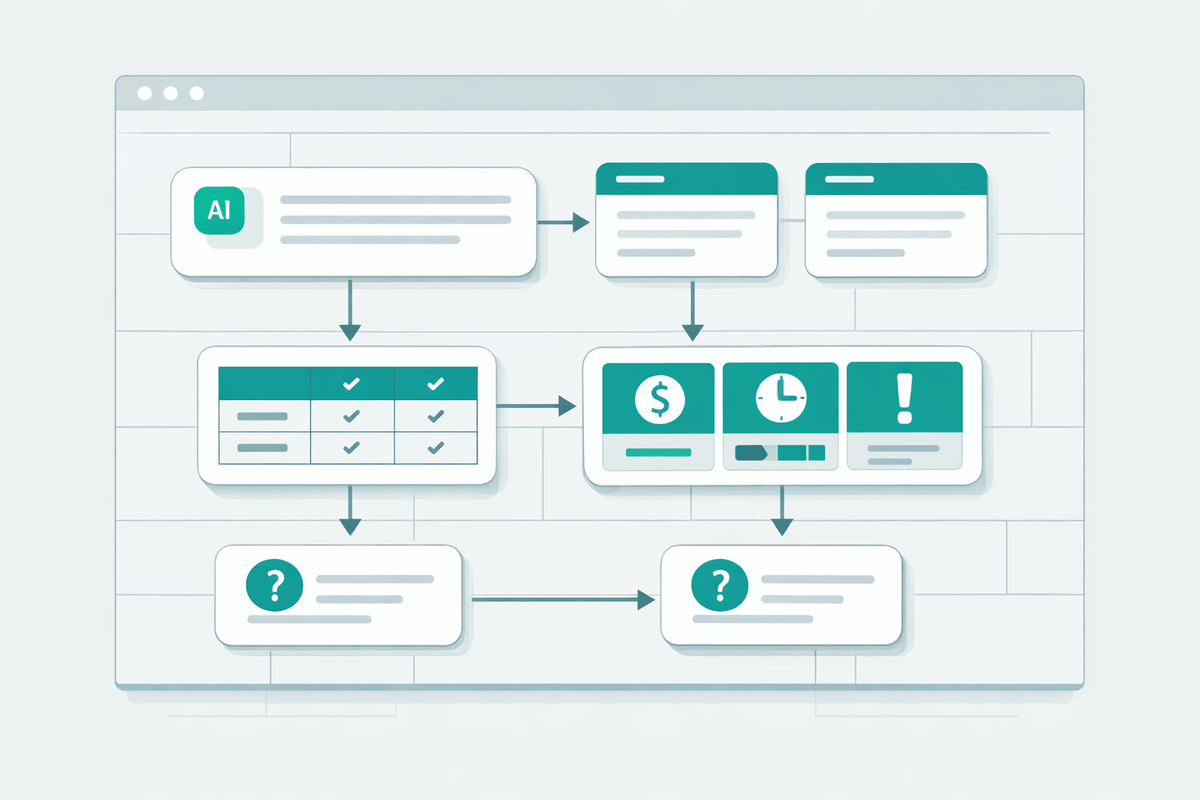 Progetto di pagina web con blocchi modulari come capsule di risposta, tabelle comparative e FAQ per l'ottimizzazione di Google AI Mode