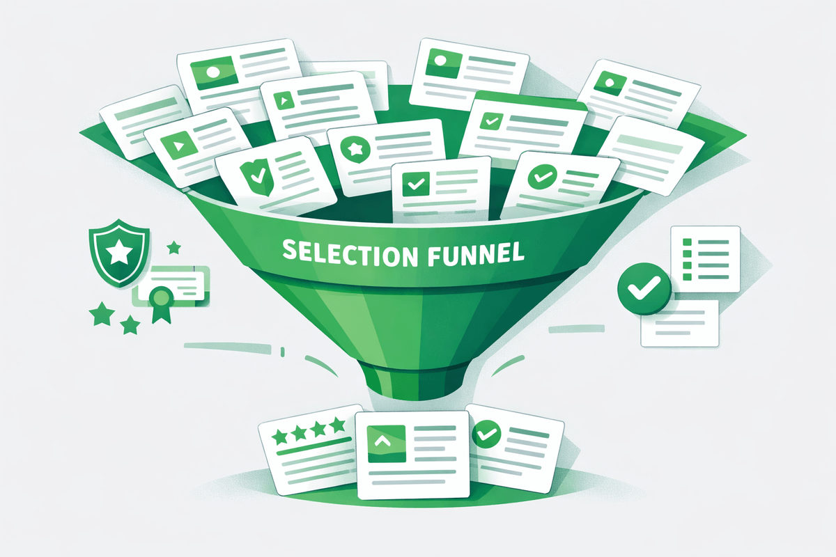 Illustration of search results flowing through a selection funnel highlighting sources cited by ChatGPT