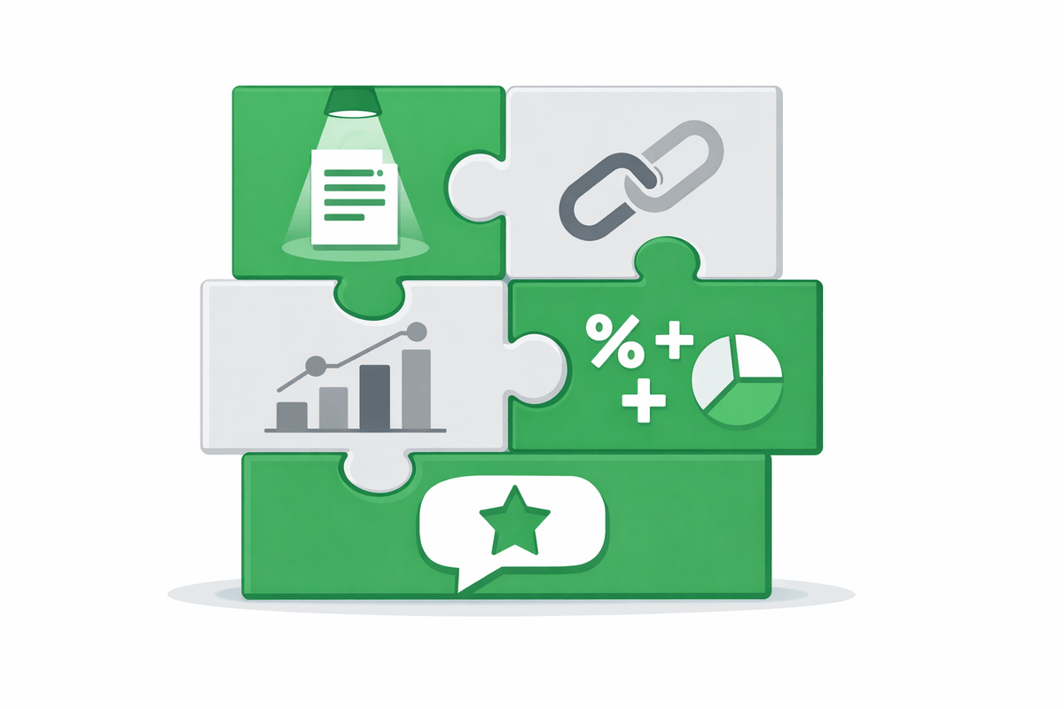 Five conceptual building blocks representing traits to get cited by ChatGPT including answer capsules and expert quotes
