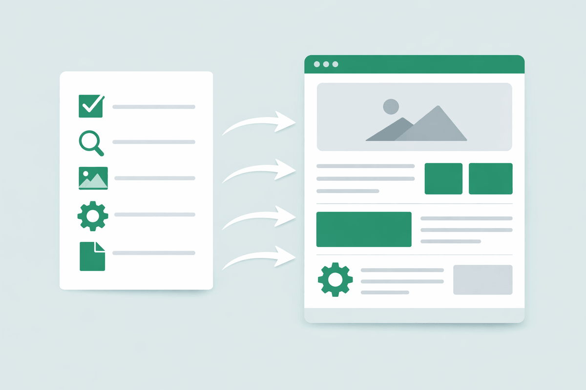 Visual of a 5-step checklist turning into a publish-ready page showing how to get cited by Gemini with clear SEO steps