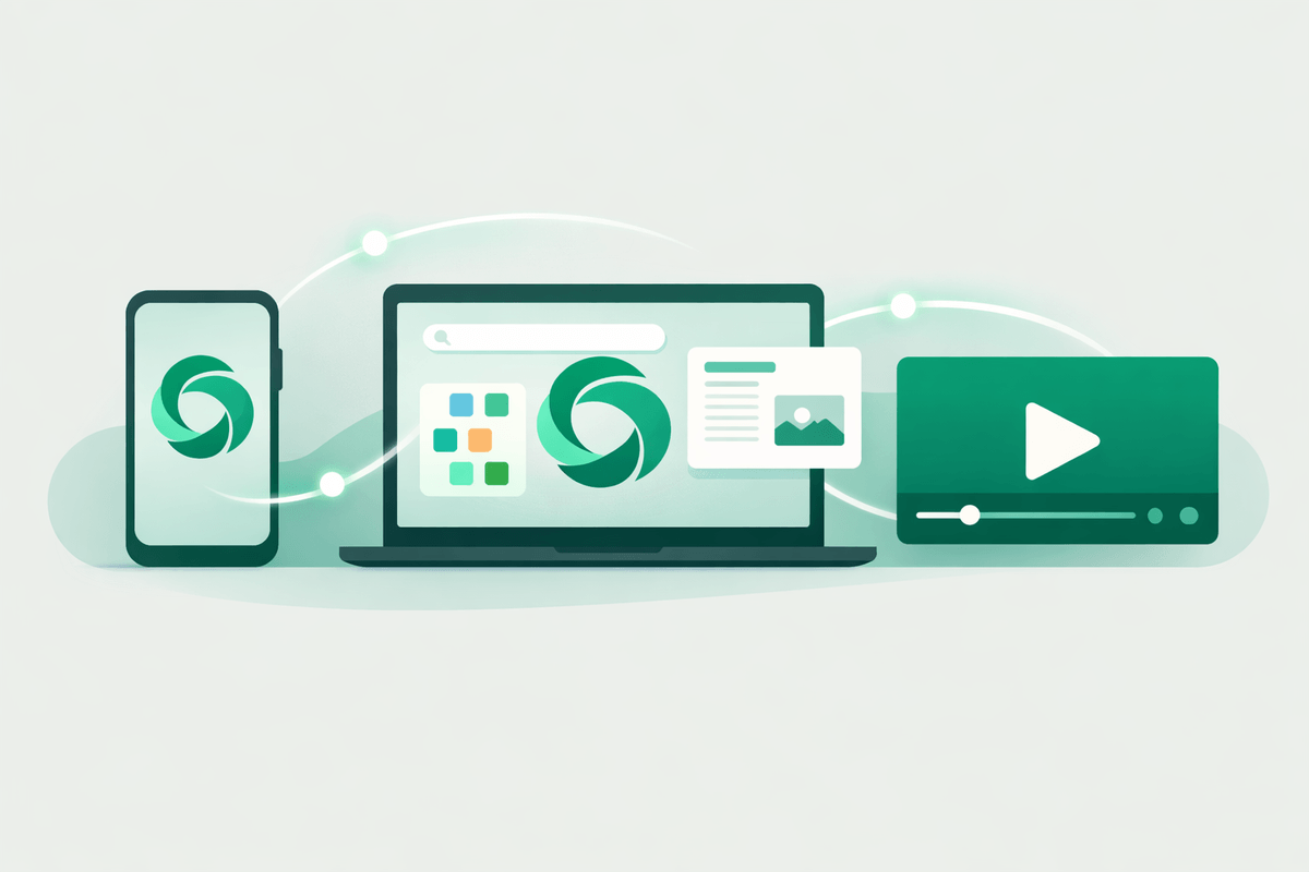 Illustration showing Gemini AI across devices like Android phone, laptop for Search and Workspace, and YouTube video player