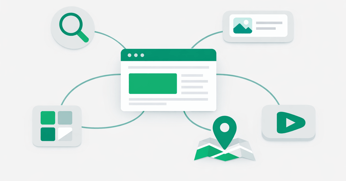Illustration showing how to get cited by Gemini with a webpage connected to Google Search, AI Overviews, Workspace, Maps, and