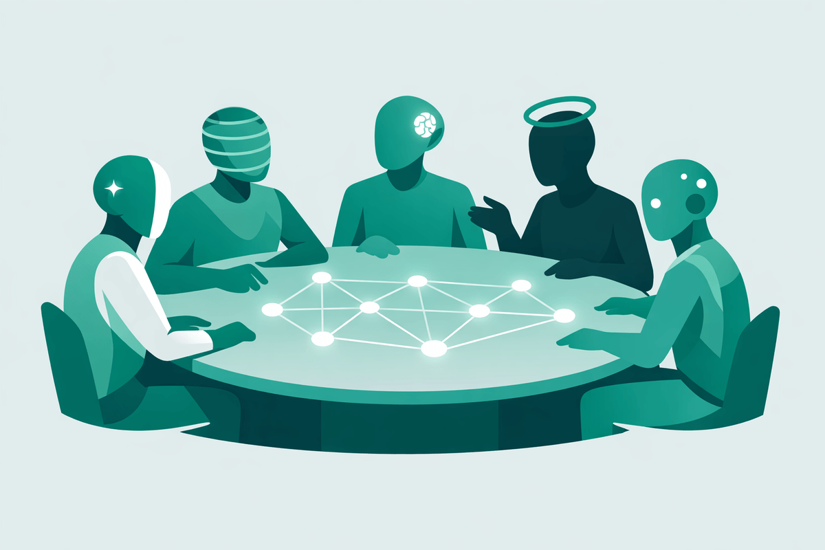 Illustration of five AI assistants around a table comparing citation behaviors including how to get cited by Gemini