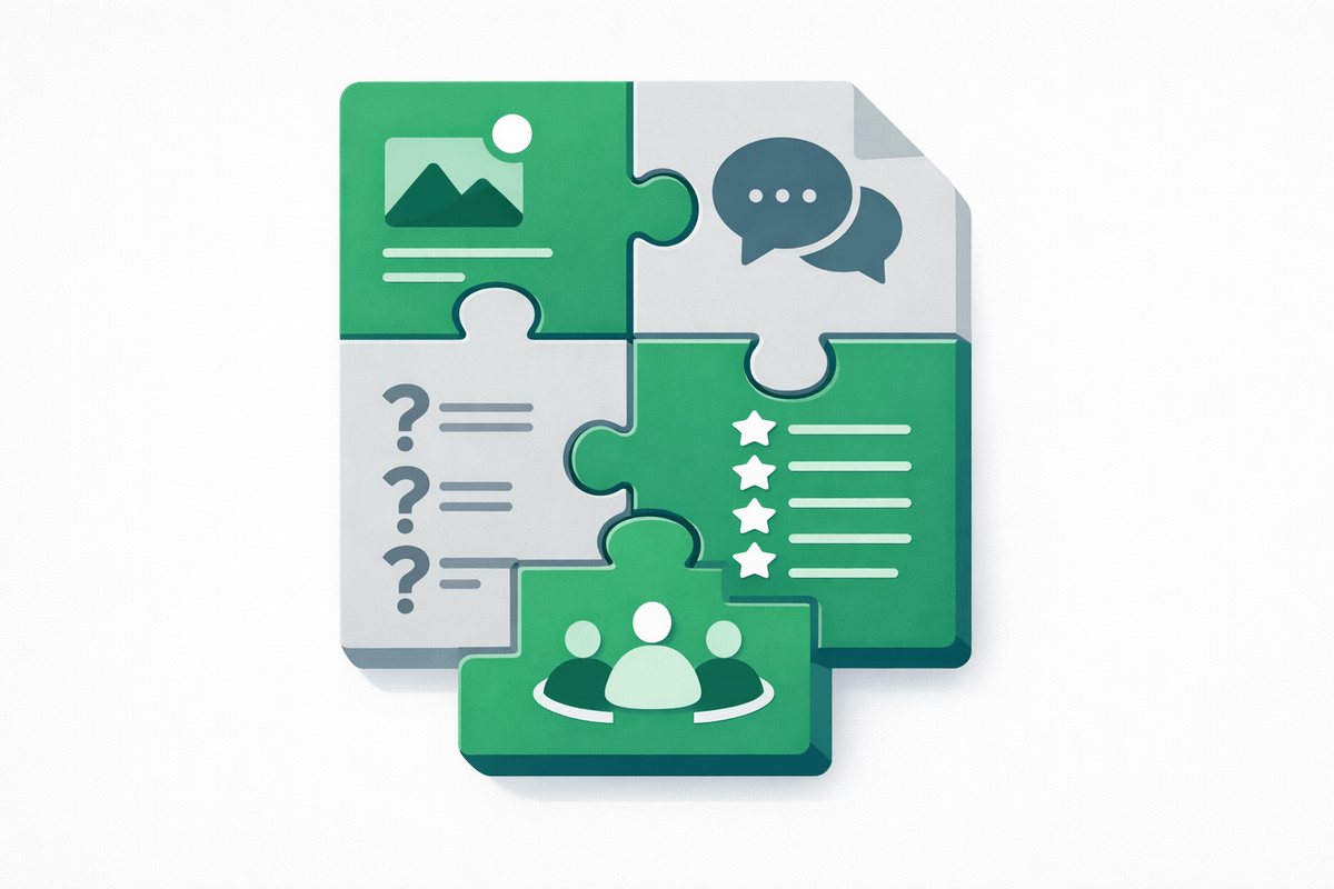 Five building blocks assembling into a citable page representing Perplexity SEO optimization strategies