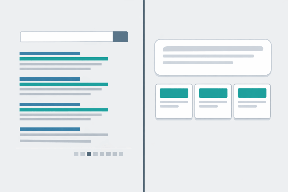Editorial illustration comparing traditional SERP with AI answer and citations for Perplexity SEO